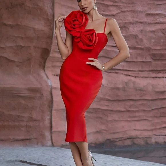 Red Women's Floral Sculptural bodycon Bandage Party midi Dress - Picture 3 of 3